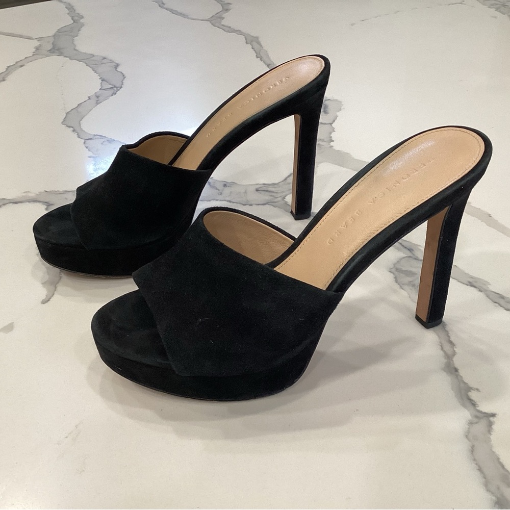 Veronica Beard Dali Platform Heels Black Suede Womens 7 37  Open-Toe Sandal Mule